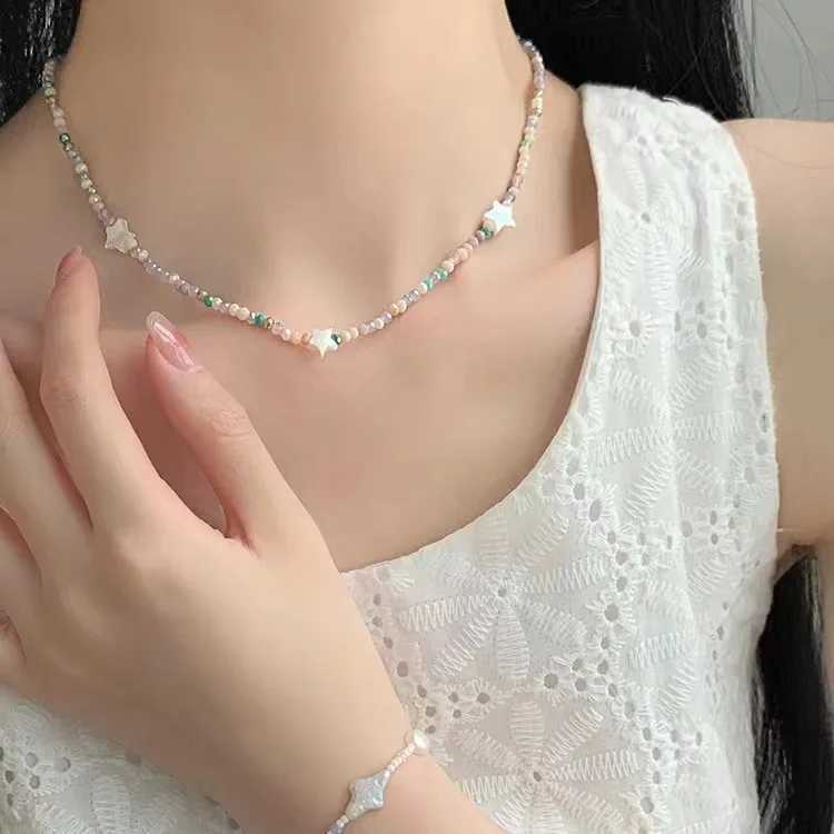 Bohemia Candy Color Cute Necklace for Women Star Pendant Beaded Clavicle Chain Necklaces Multicolor Y2K Vacation Accessories Y250605