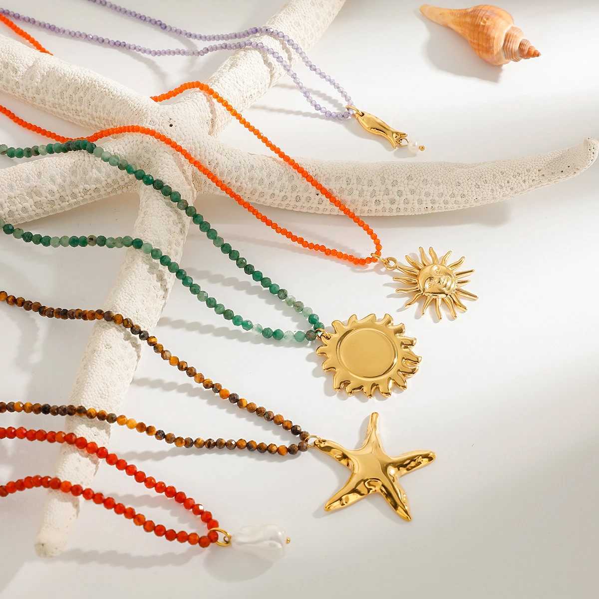 Uworld Beach Ocean Vacation Style 18K Gold Color Stainless Steel Sun Starfish Pendant Necklace Natural Stone Bead Necklace for Women Y250605