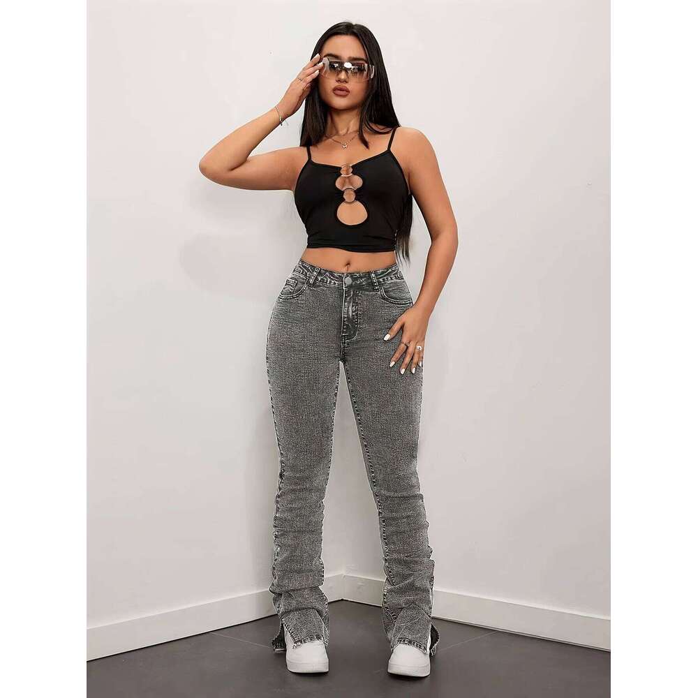 Gray Long Slit Slim Jeans Adjustable Pleats Stacked Personalized Fashion Casual High Waist Stretch Women's Versa