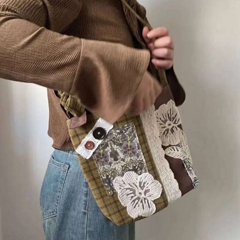 Vintage Lace Large Capacity Handbag Women Retro Patchwork Canvas Casual Shoulder Ladies Versatile Y2k Bags