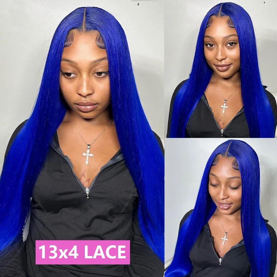Straight Blue 13x4 Human Hair Lace Frontal Wigs Blue Transparent Lace Front Wigs For Women Brazilian Pre Plucked Hair Wigs Synthetic