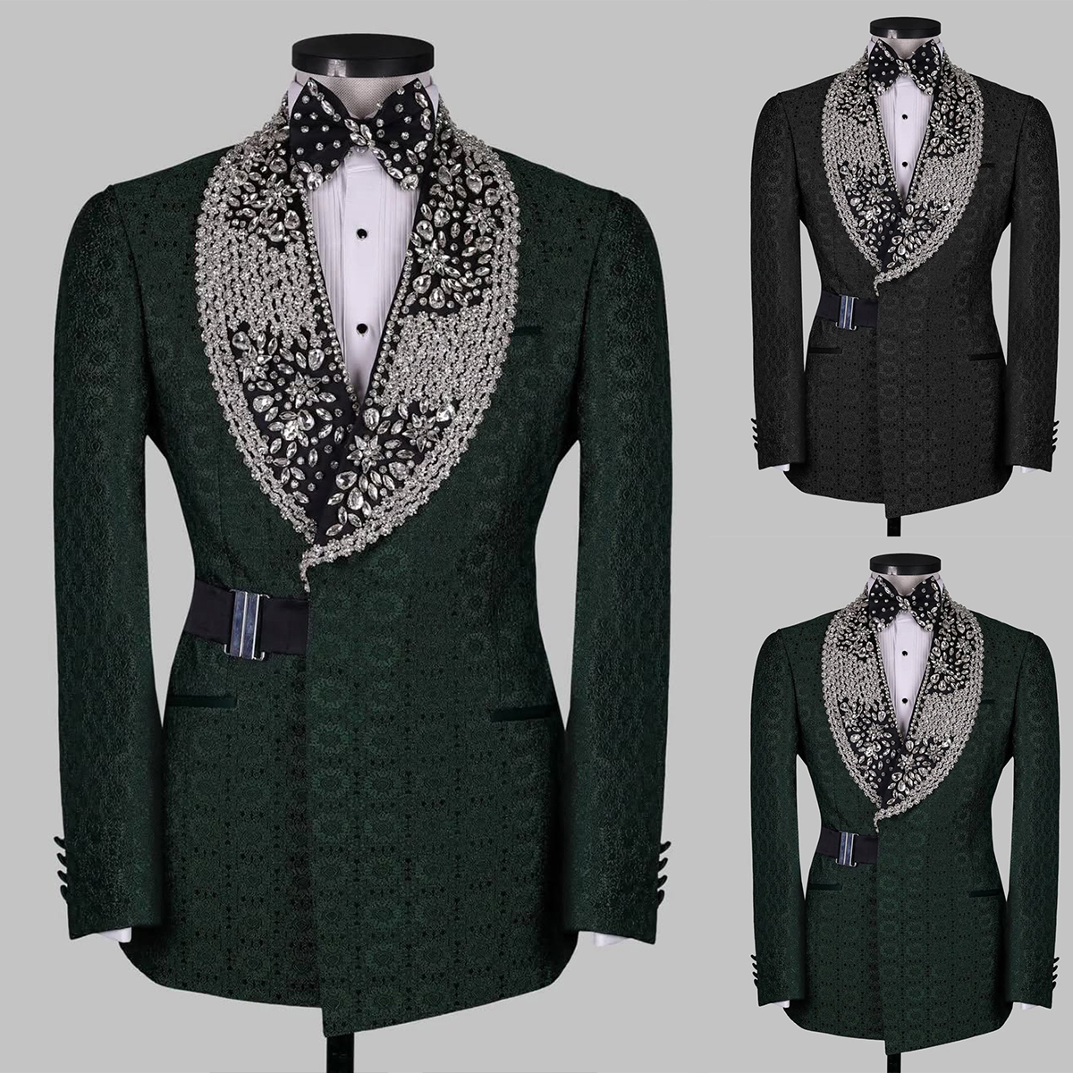 Vintage Man Suits Fit Slim Beading Crystal Shawl Lapel Party Prom 2 Pieces Set Blazer Jacquard Rhinestone Customized Jacket Pants Plus Size