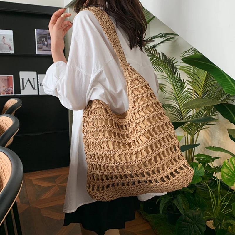 Summer Straw Woven Bag for Women Shoulder Raffia Paper Rope Boho Beach Handbags Casual Messenger Crossbody Female Purse 250605