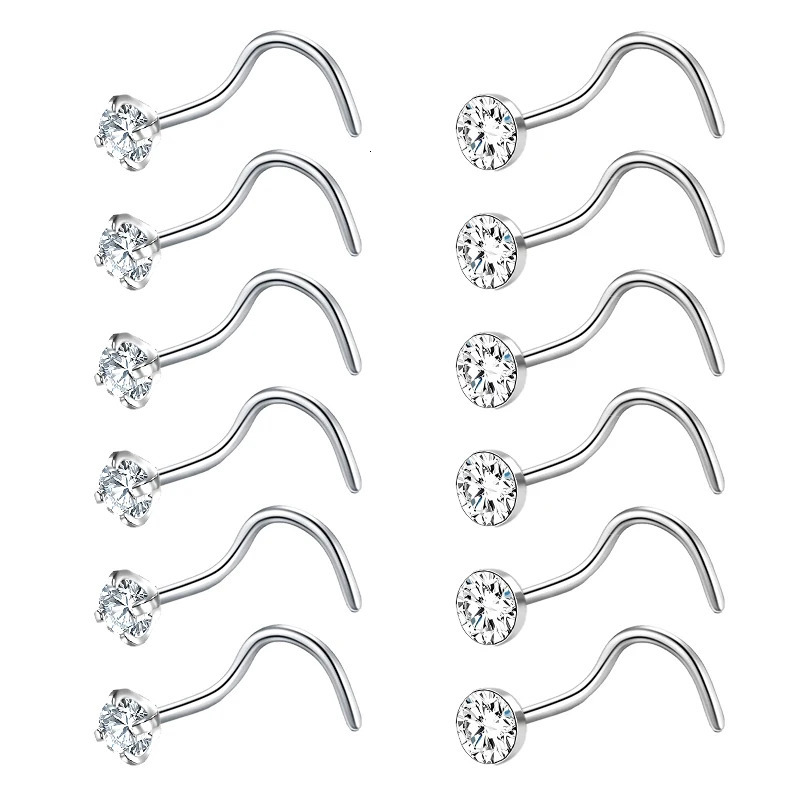 12PCs Fashion Stainless Steel Crystal Nose Septum Piercing Studs Mini Nose Ring Earrings Studs Body Piering Jewelry for Women 250605
