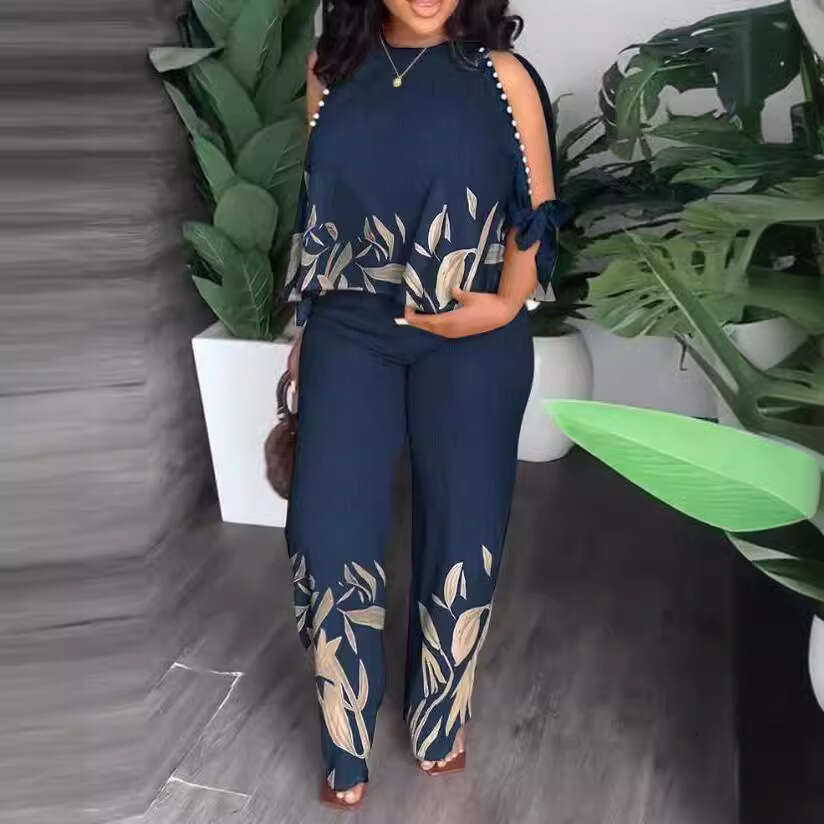 Women's Round Neck Raglan Five-Quarter Sleeve Beaded Positioning Print Long Pants Plus Size Set B5