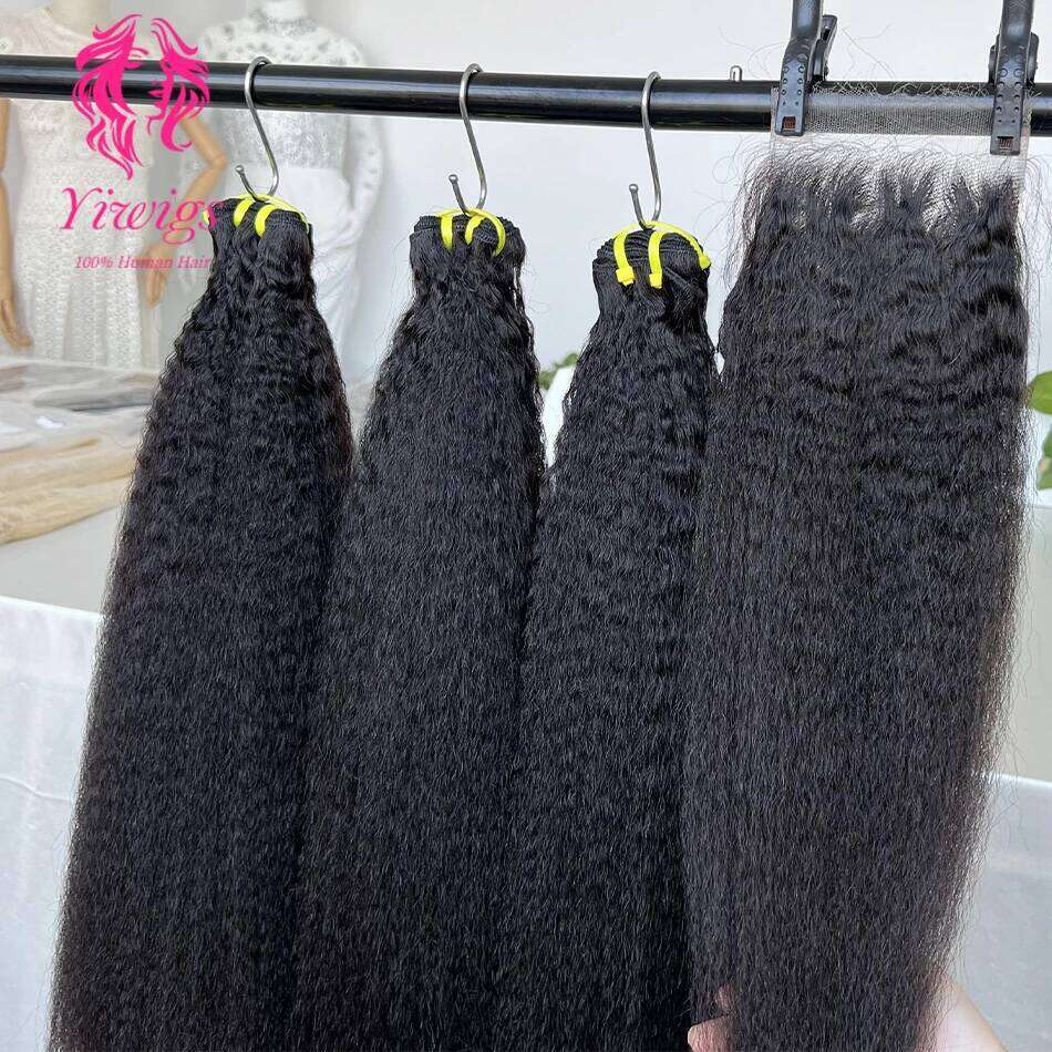 Yiwigs 12A Grade Double Drawn Kinky Straigt 100% Human Bundles With 4x4 Real HD Lace Closure Hair Weave Extensions Thick