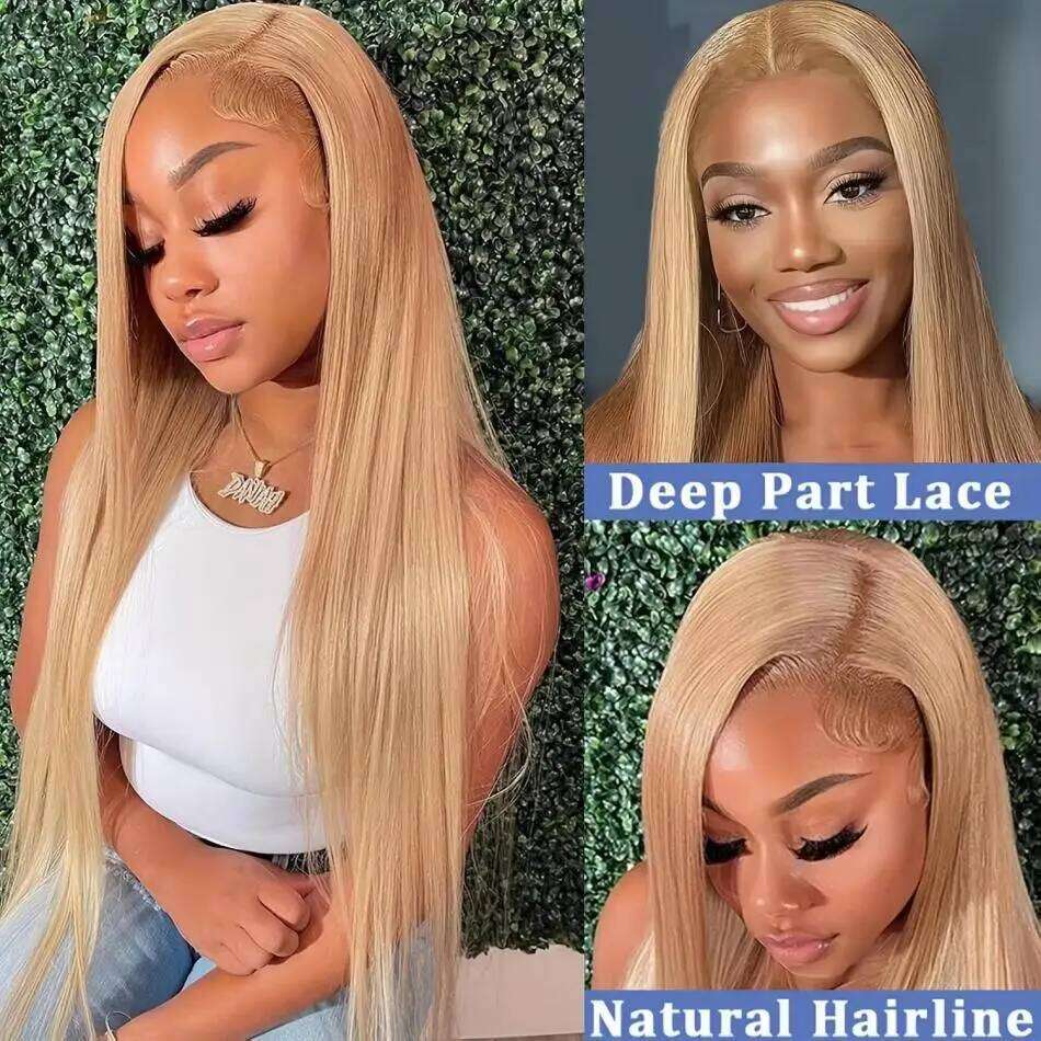 #27 Honey Blonde Human Hair Straight 13X6 Frontal Preplucked Wig 13x4 30 34 Inch Lace Front Colored Wigs For Women