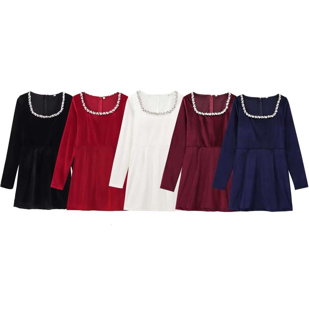 Women's Autumn Winter New Rhinestone Embellished Long Sleeve French Waist-Cinching Elegant Velvet Mini Dress B5