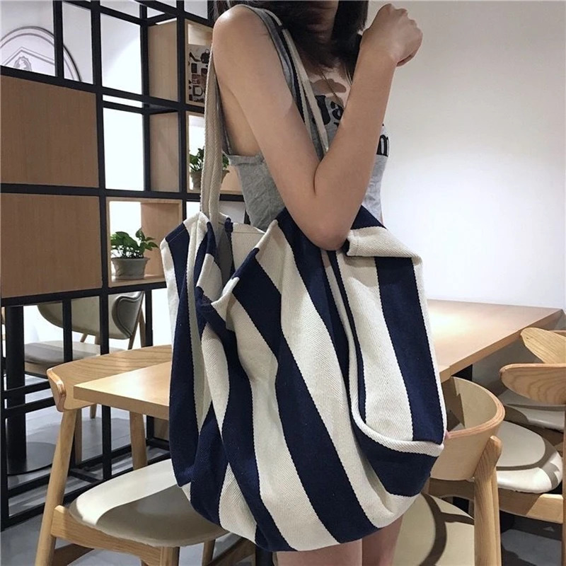 Striped Canvas Bag for Women Large Capacity Shoulder Bag Daily Shopping Student Bookbag School Travel Beach Bag 250530