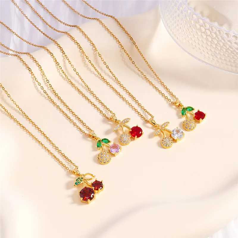 Light Luxury Cherry Zircon Pendant Necklace Stainless Steel Chains Fashion Choker Jewelry Birthday Gifts For Women Girls Y250605