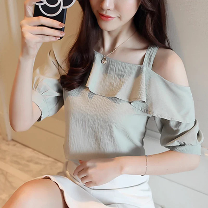 Blusas Mujer De Moda Summer Women Blouses Short Sleeve Chiffon Blouse Off Shoulder Blouse Tops Womens Tops And Blouses B381 250605