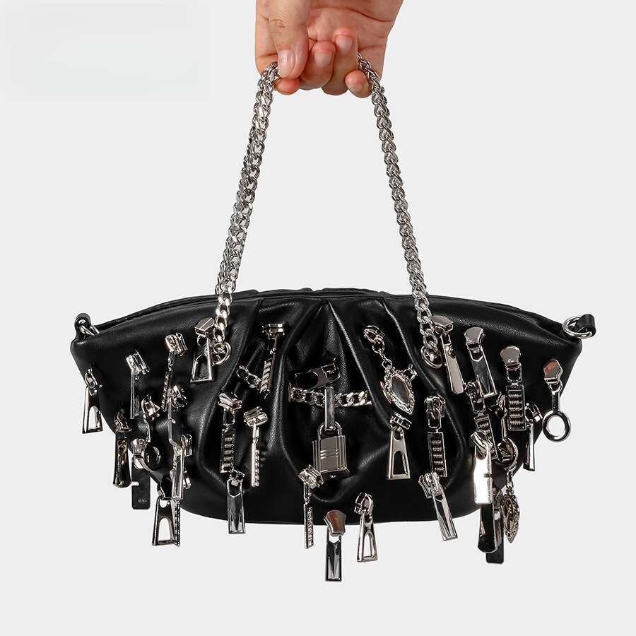 Punk Style Personality Hot Girl Black Wrinkled Cloud Dumpling PU Shoulder Crossbody Chain Bag for Women