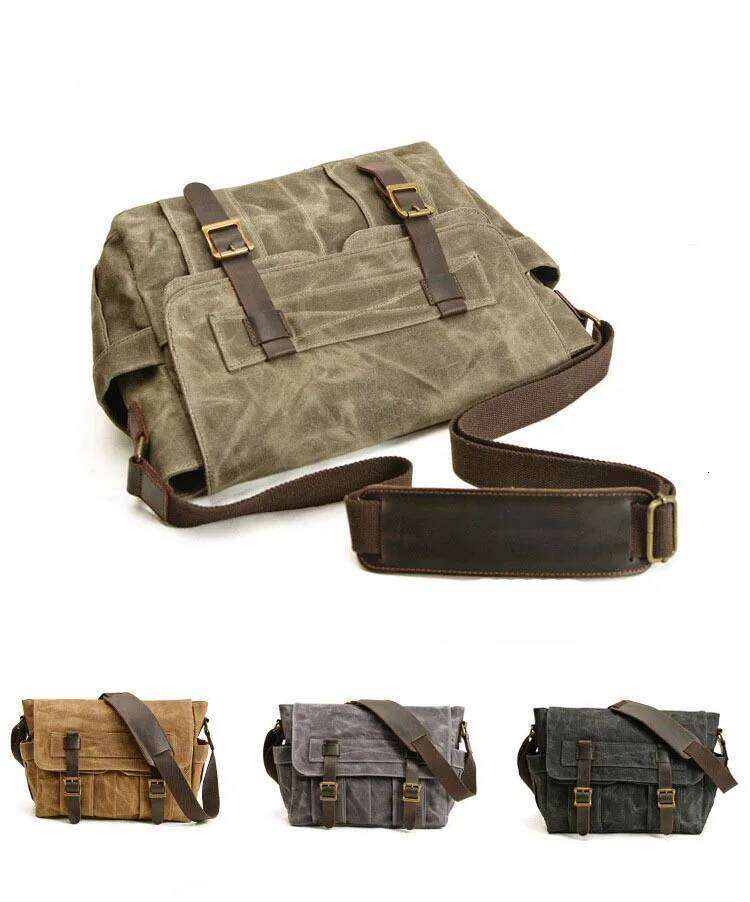 Waxed Canvas Patchwork Leather Retro Men's Shoulder Fashion Trend Computer Crossbody Messenger Bag