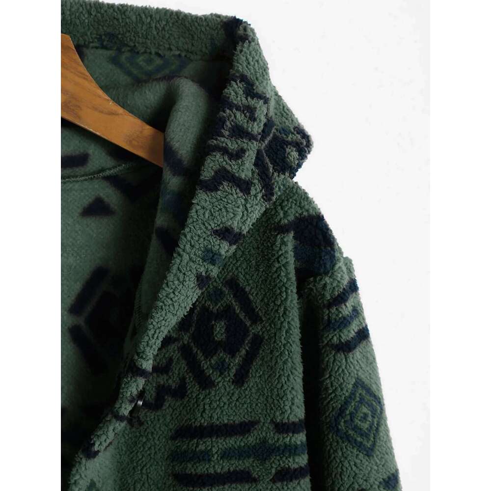 ZAFUL Women's Hooded Ethnic Style Pockets Long Tribal Geo Aztec Printed Fluffy Teddy Coat fur New coats outerwears 2024 Winter