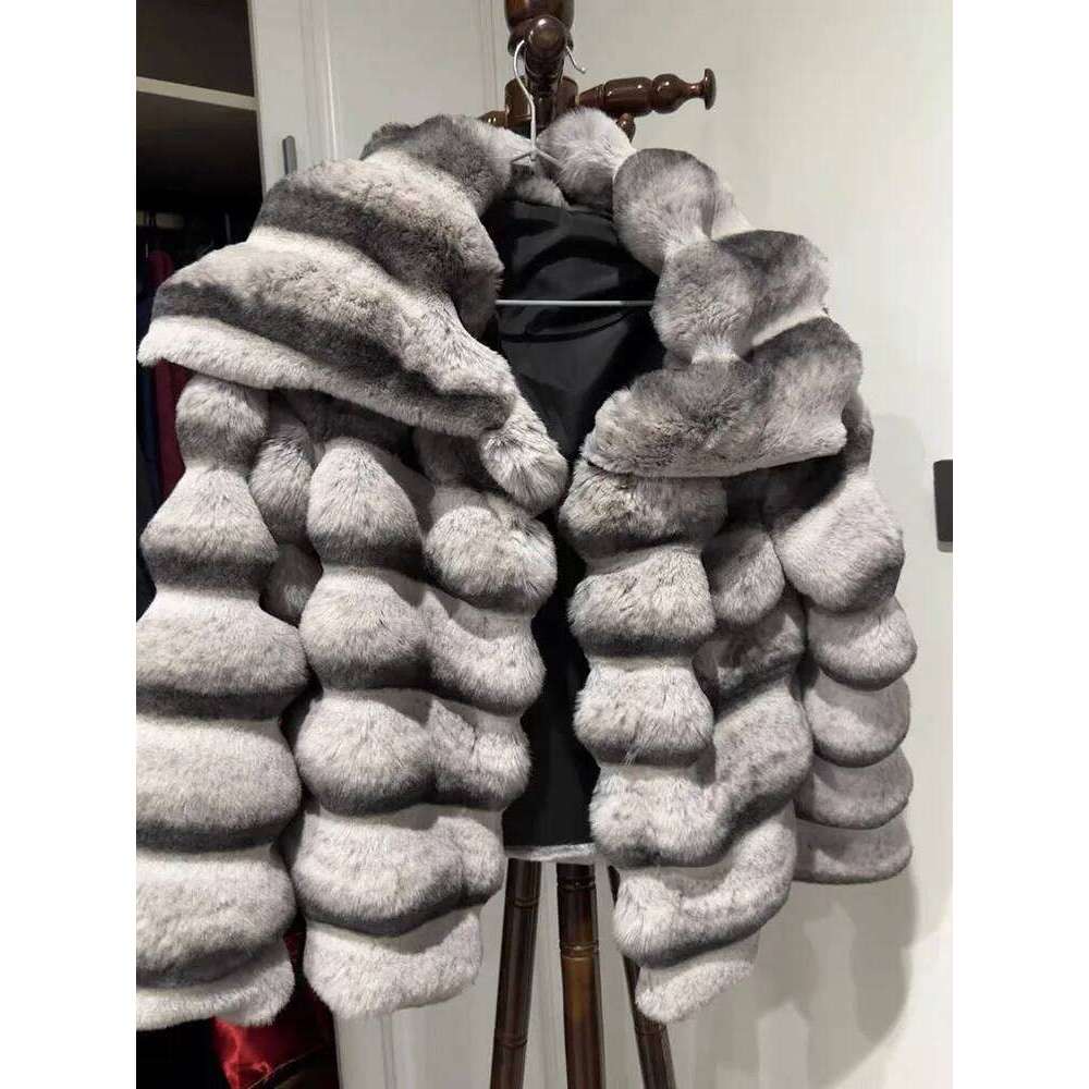 ZADORIN Winter Jackets for Women Chinchilla Color Fluffy Warm Rabbit Coat Turn Down Collar Short Faux Fur Jacket