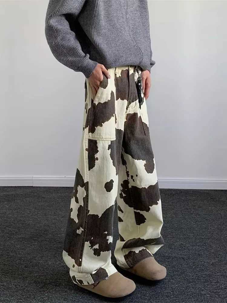 2025 Cyber Y2K Streetwear Cow Pattern Baggy Pants For Men CloTHing Wide Leg Straight Cotton Long Trousers Mens CloTHing Z250605