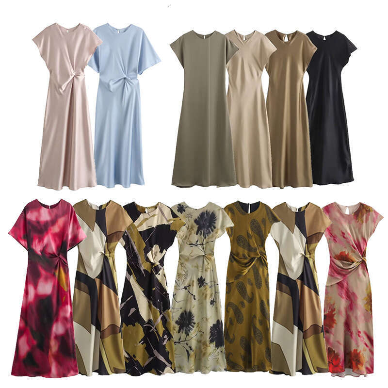 Women's Spring New Elegant Style Silk Satin Texture Waist-Cinching Printed Midi Dress B5