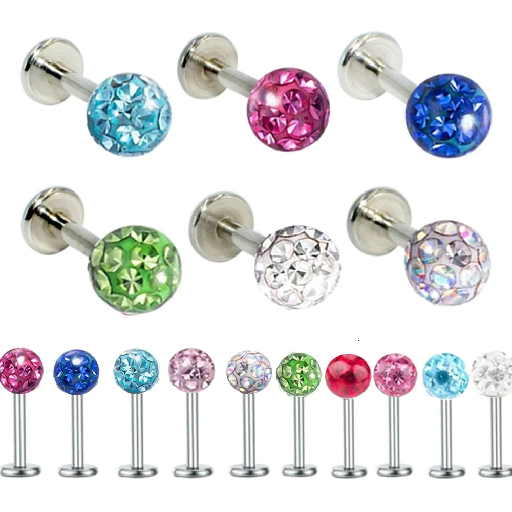 2X 3/4/5mm Coated Crystal Steel Labret Ring 6mm - 12mm Bar Ear Nose Monroe Lip Stud Piercing Jewellery 16g 1.2mm 250605