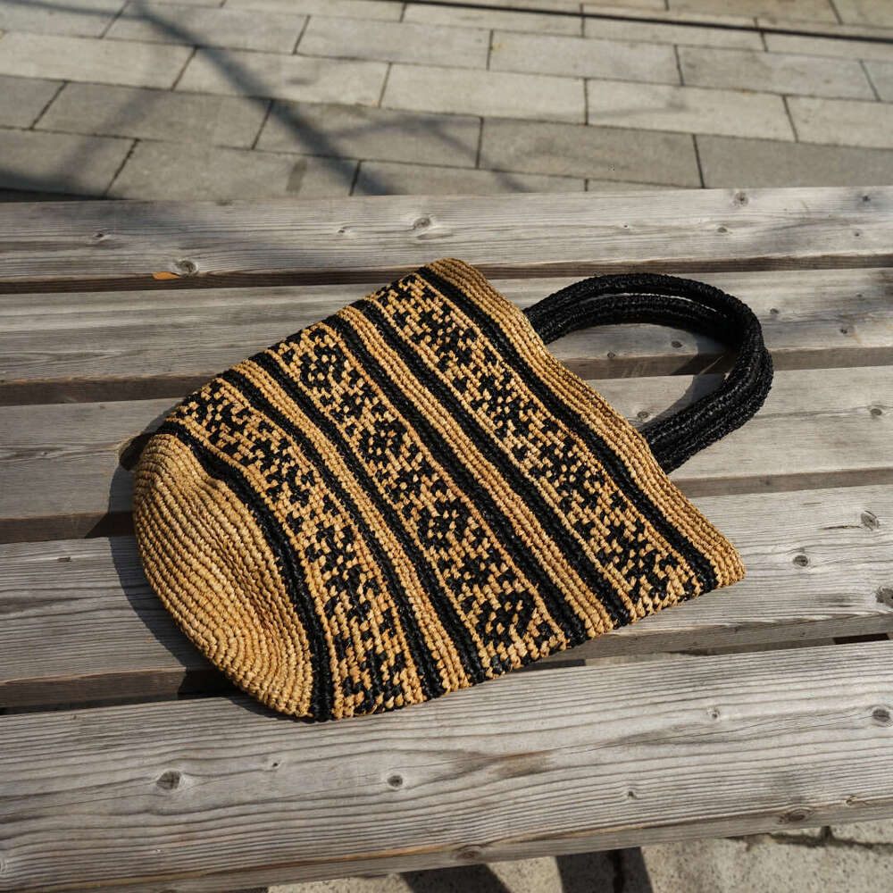 French Style Black Patchwork Handbag Vacation Beach Handmade Raffia Woven Bag for Women Summer Travel