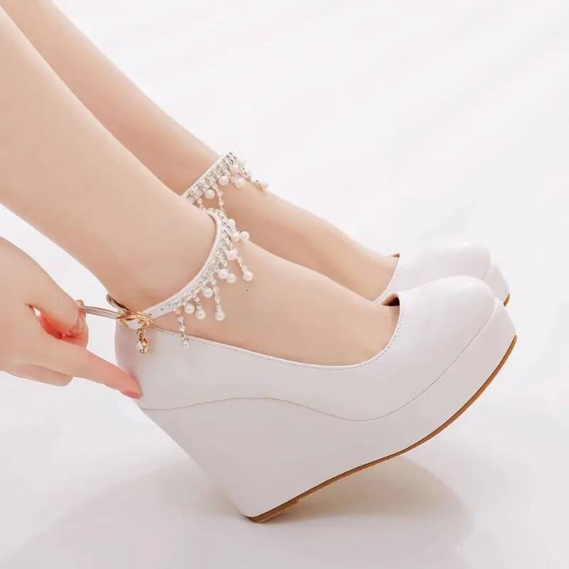 Ddmyoutdoor Cm White Round Head Wedges Platform Women Tassel Flowing High Heel Shoes Plus Size For Wedding Party Chaussure Femme Outdoor Shoes