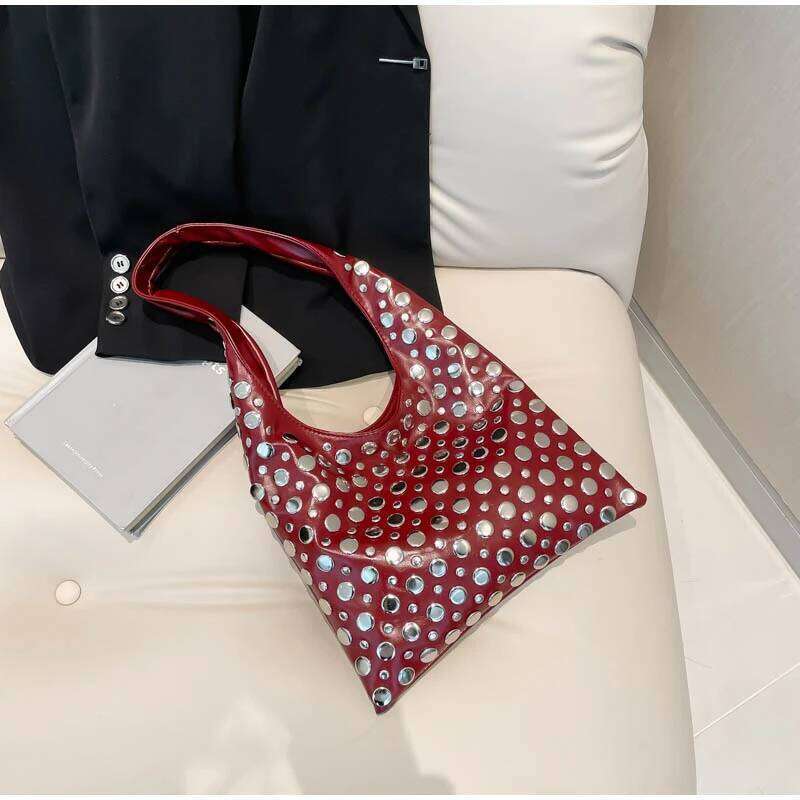 2025 Retro Rivet Decoration Women's Shoulder Bag New Motorcycle Style Underarm Fashion Large Capacity All-Match Handbag
