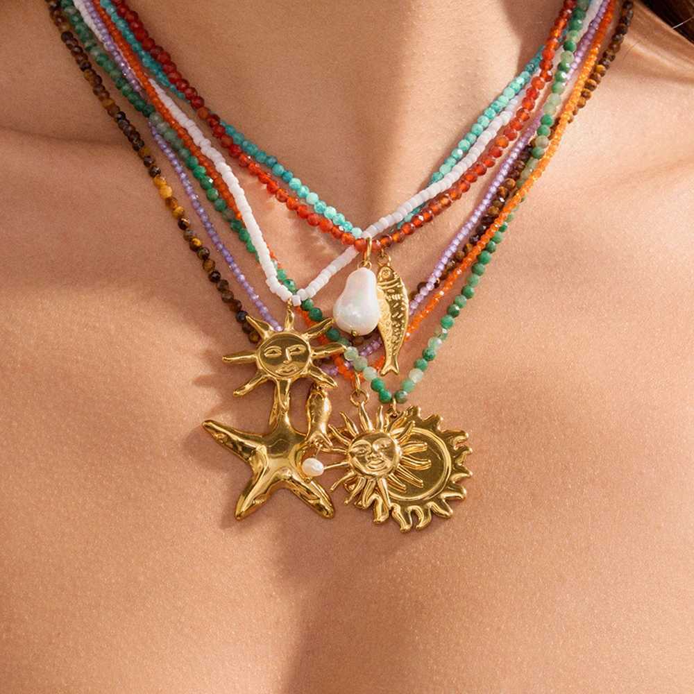 Uworld Beach Ocean Vacation Style 18K Gold Color Stainless Steel Sun Starfish Pendant Necklace Natural Stone Bead Necklace for Women Y250605