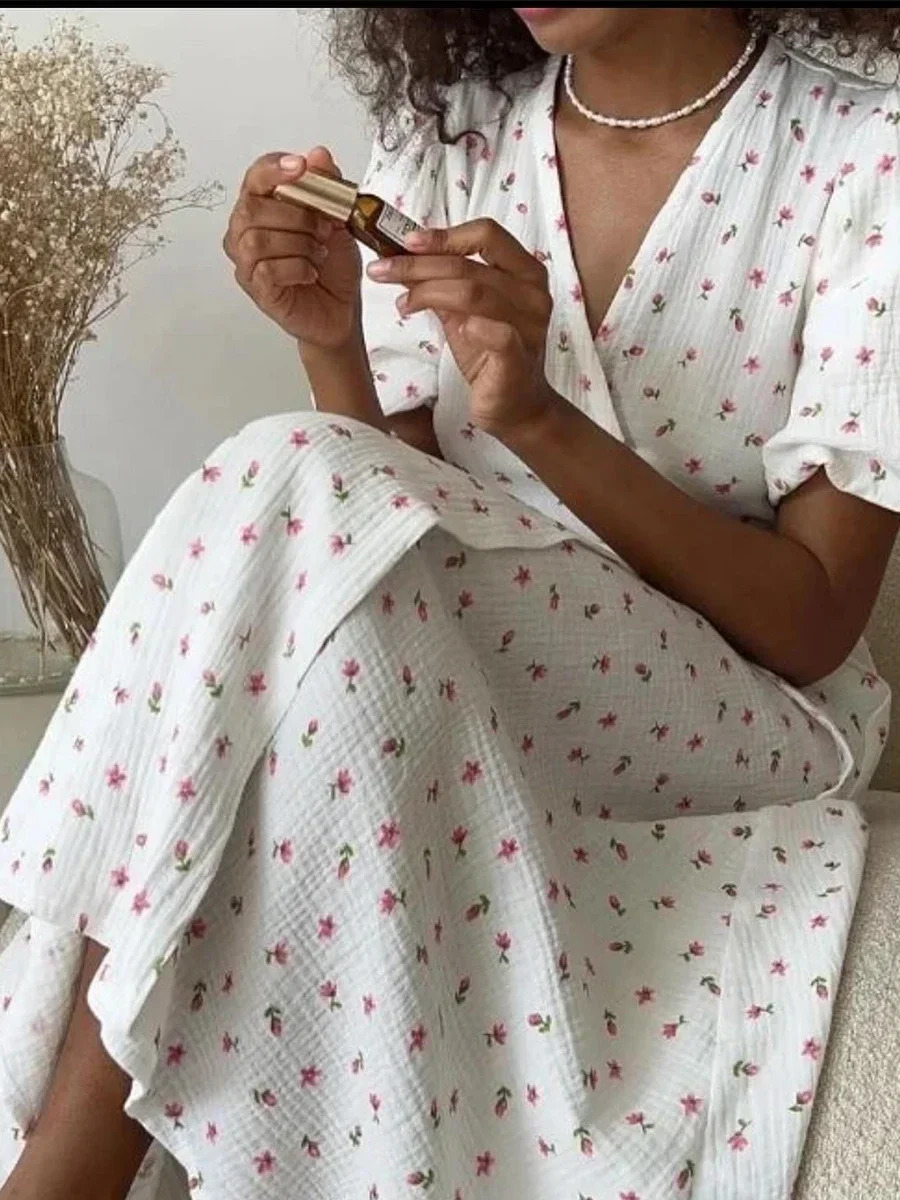 Wolfeel Summer Women Psrinted Dress Lace Up Short Sleeve Fashion Office Lady Long Dress 100% Cotton Daily Casual V-neck Skirt 250605