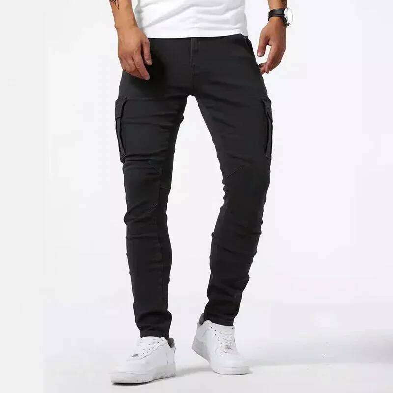 Men Casual Pencil Male Elastic Multi Pocket Small Slim High Street Denim Pants Wash Solid Color Mid Waist Cargo Jeans