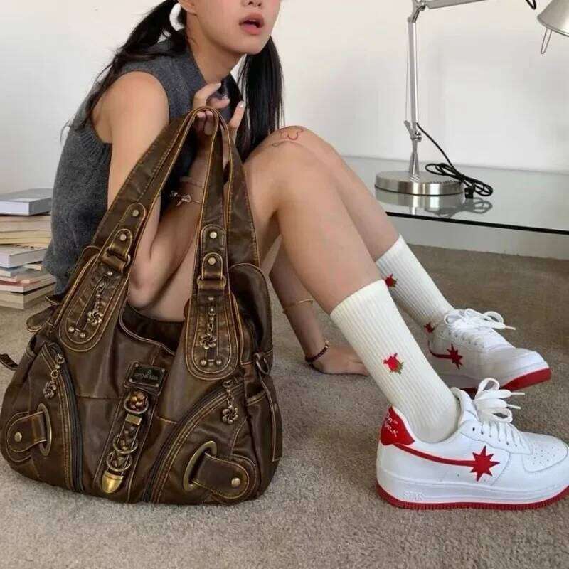 Xiuya Y2k Vintage Womens Shoulder Large Capacity Casual Pu Leather Tote American Retro Designer Ladies Armpit Bag