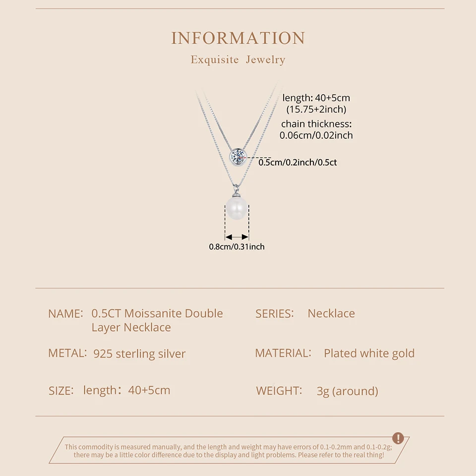 BAMOER Moissanite Pearl Necklaces for Women, Dainty Real 925 Sterling Silver Choker Double Layer Necklace Elegant Jewelry Necklaces