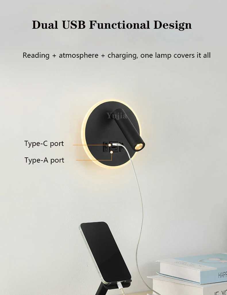 Modern Versatile LED Wall Sconce Lamp with Dual USB Ports Adjustable Side Reading Lights for Modern Bedrooms Studies and Hotels Z250605