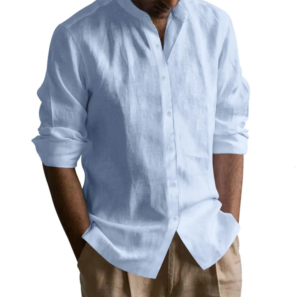 Mens Henley Shirts Cotton Linen Open Stitch Lightweight Breathable Solid Color Slim Fit Men Shirt 250605