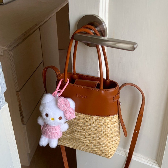 designer Summer Straw Beach Bag 2025 New Patchwork Handbag Niche Design Retro Color Block Bucket Bag Crossb