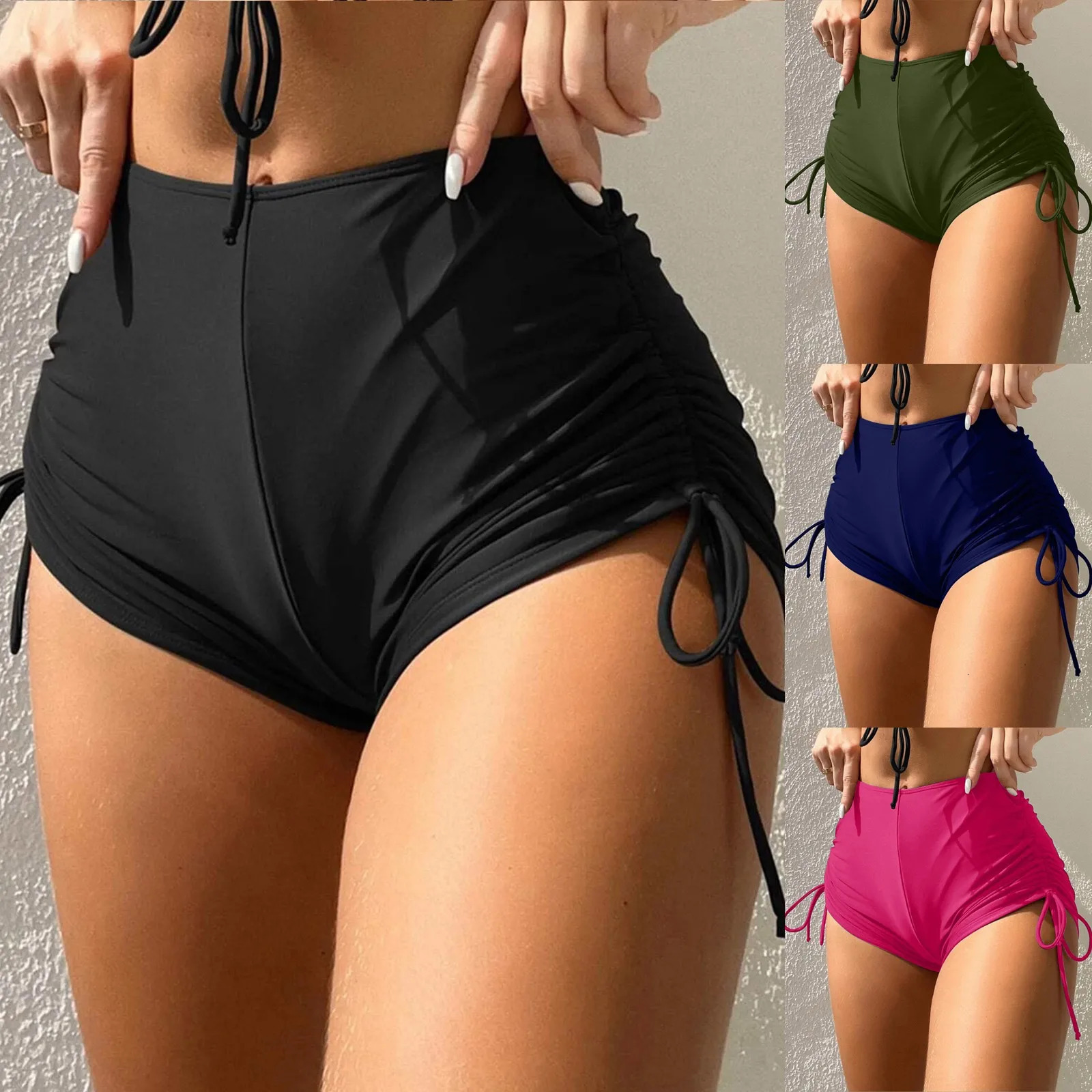 Women Drawstring Side Bikini Bottom High Waist Ruffled Sexy Swimwear Ruched Full Coverage Shorts WomenS Swimsuit 250530