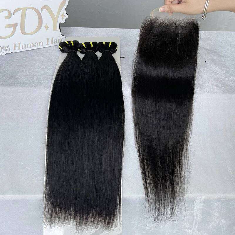 2x6 4x4 5x5 Transparent Lace Straight Human Raw Hair Weave 3 Bundles With Closure 13x4