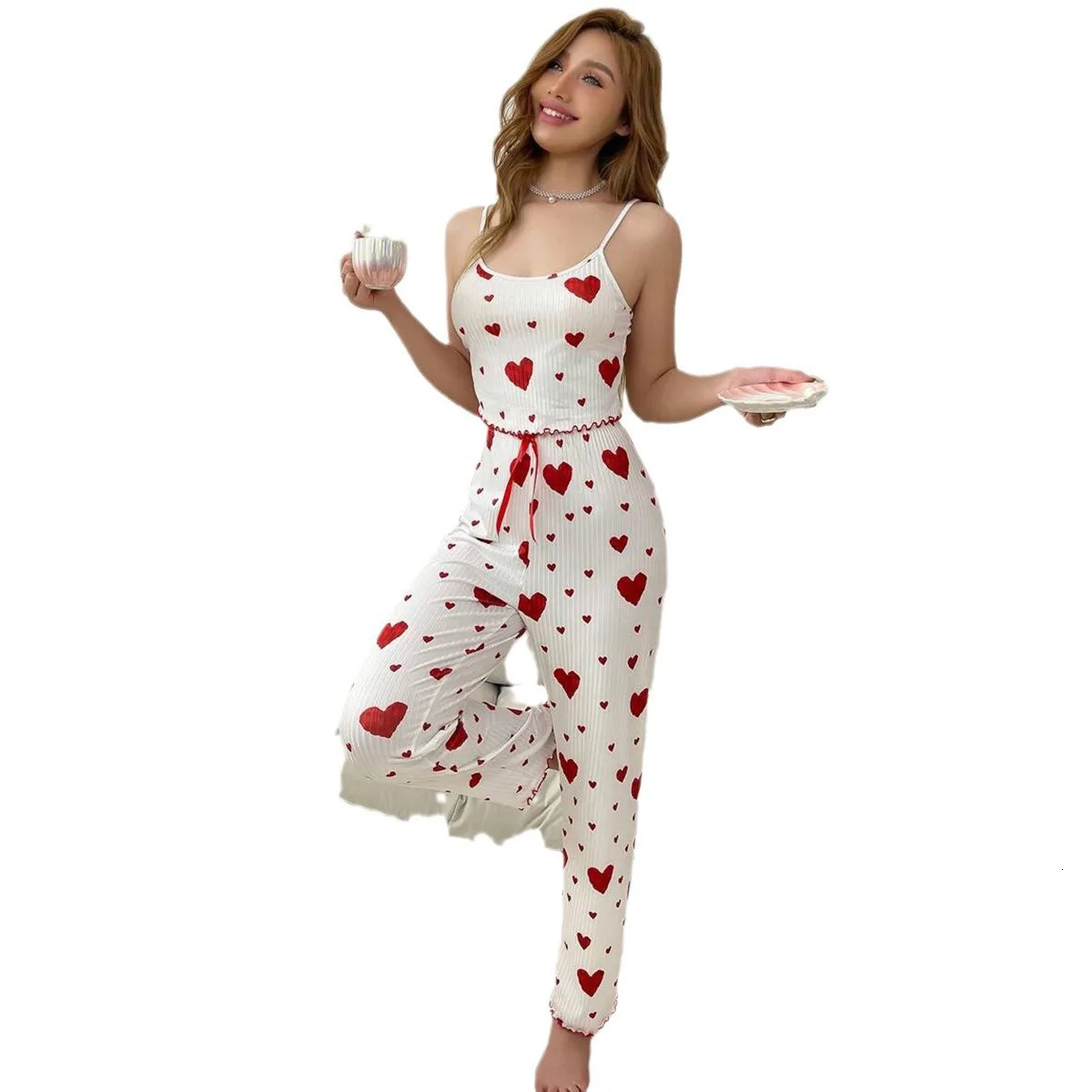 Women pajamas plus size pajamas set 2 piece short vest trouser white breathable soft casual love print 250530