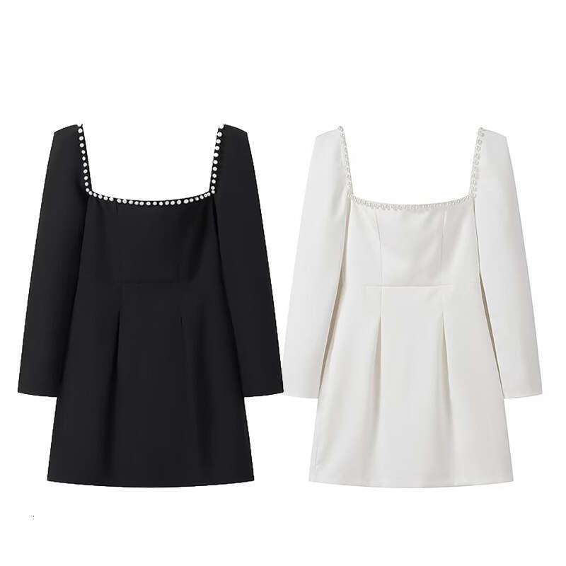 Women's Winter New Style Square Neck Beaded Waist-Cinching Short A-Line Dress B5