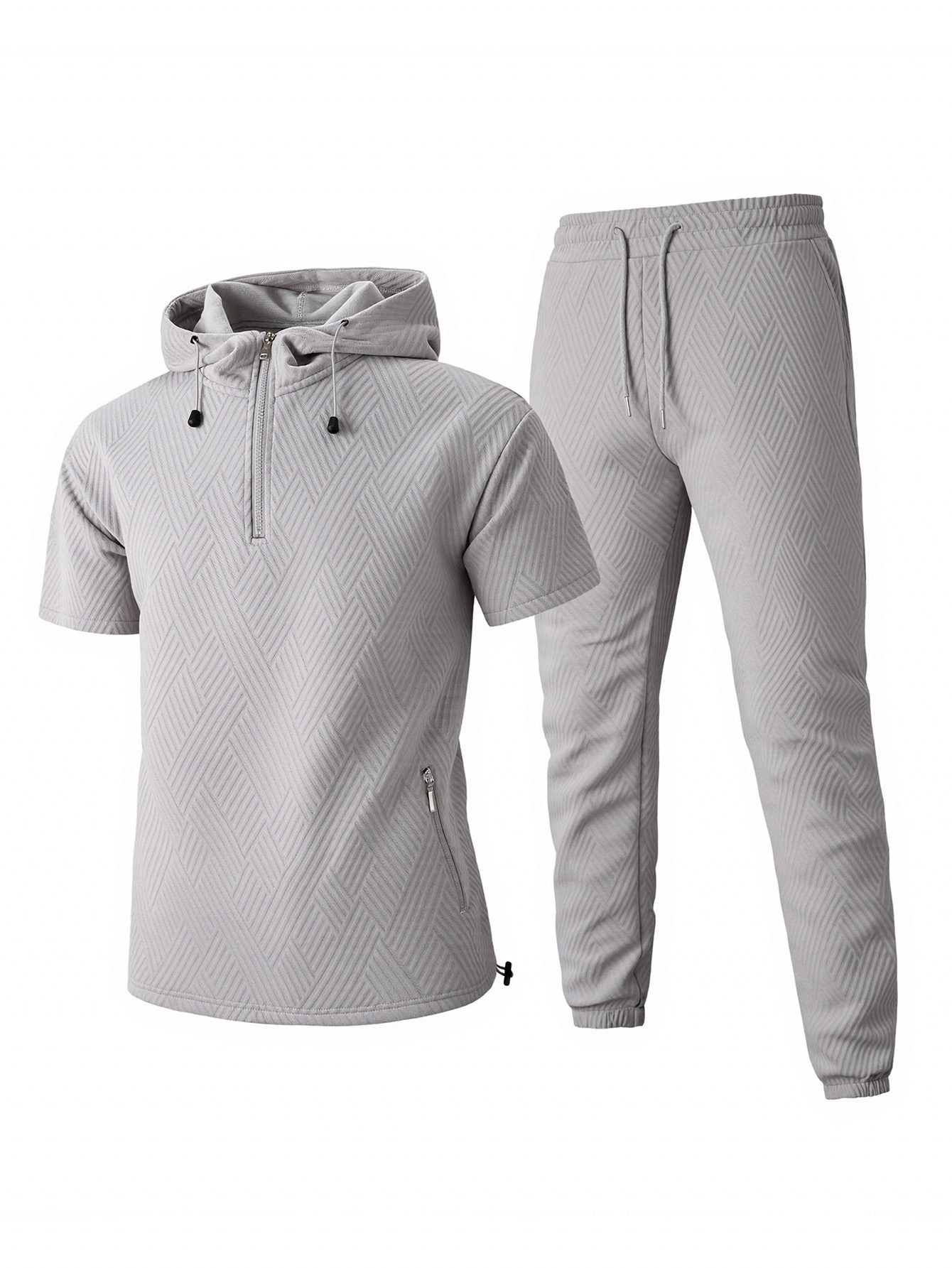 Men's casual fashion suit knitted jacquard hooded zipper pocket short sleeved and drawstring pants two-piece set