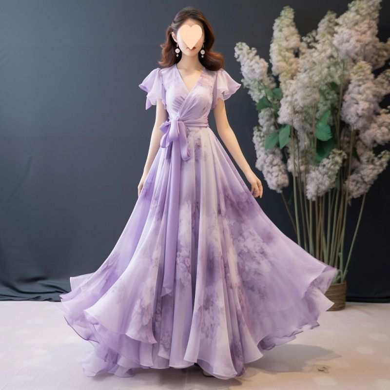 Maxi womens plus size wedding purple floral print empire waist tuning short sleeved V-neck elegant casual long skirt 240824