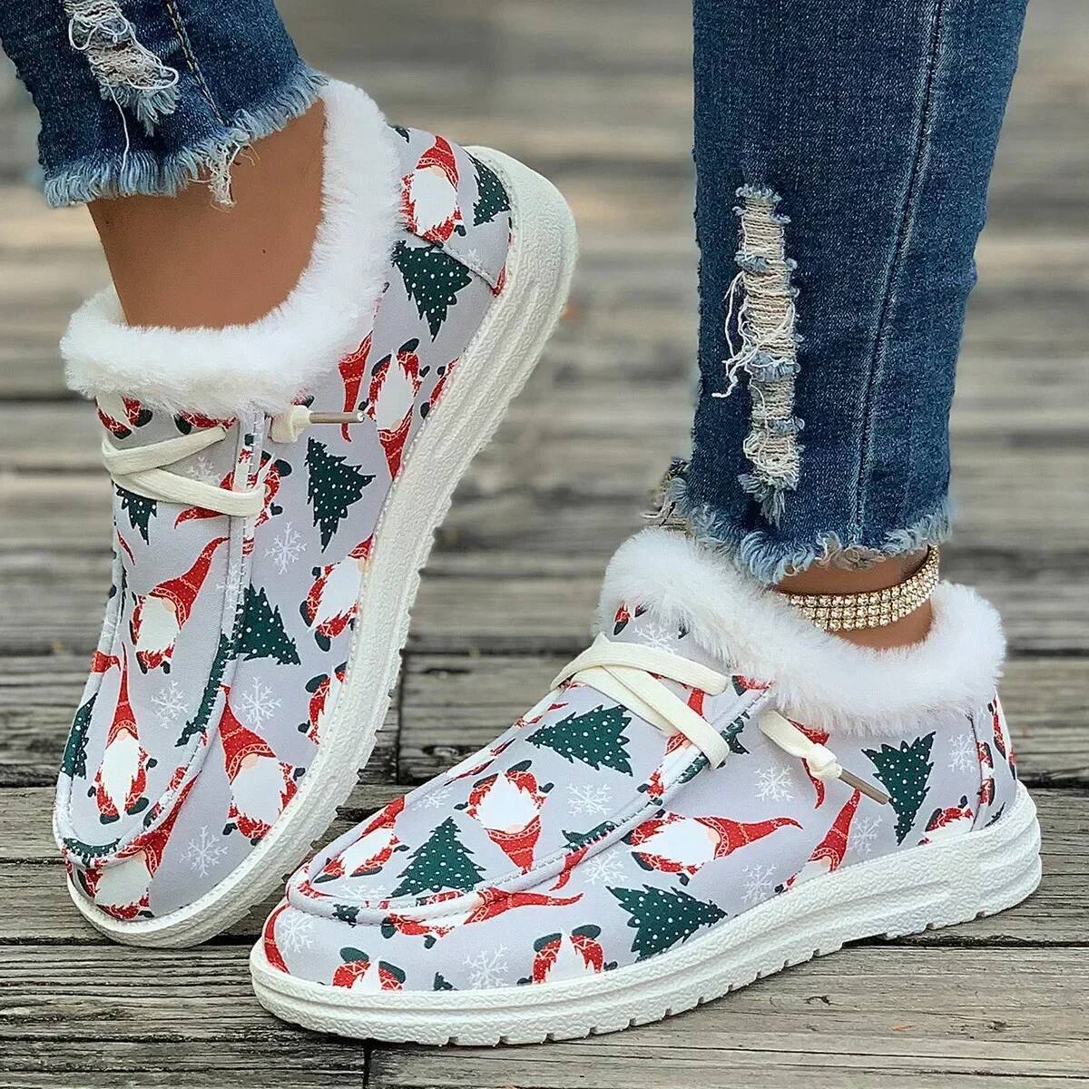 Ddmyoutdoor Ladies Flat Casual Women New Winter Ankle Snow Boots Woman Christmas Print Cotton Shoes Short Plush Booties Warm Gift Outdoor Shoes