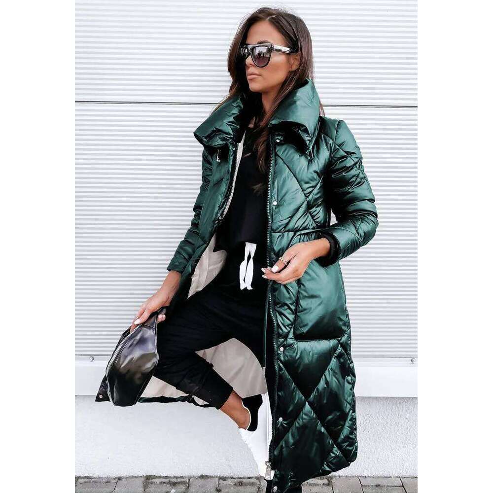 Glossy Women Sleeve Lapel Long Winter Keep Warm Parkas Outwear Zipper Cotton-Padded Coat Jackets