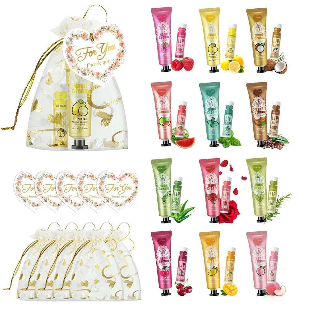 12 Hand cream lip balm set Friends Party Gift with love net bag and thank you card Holiday gift free shipping