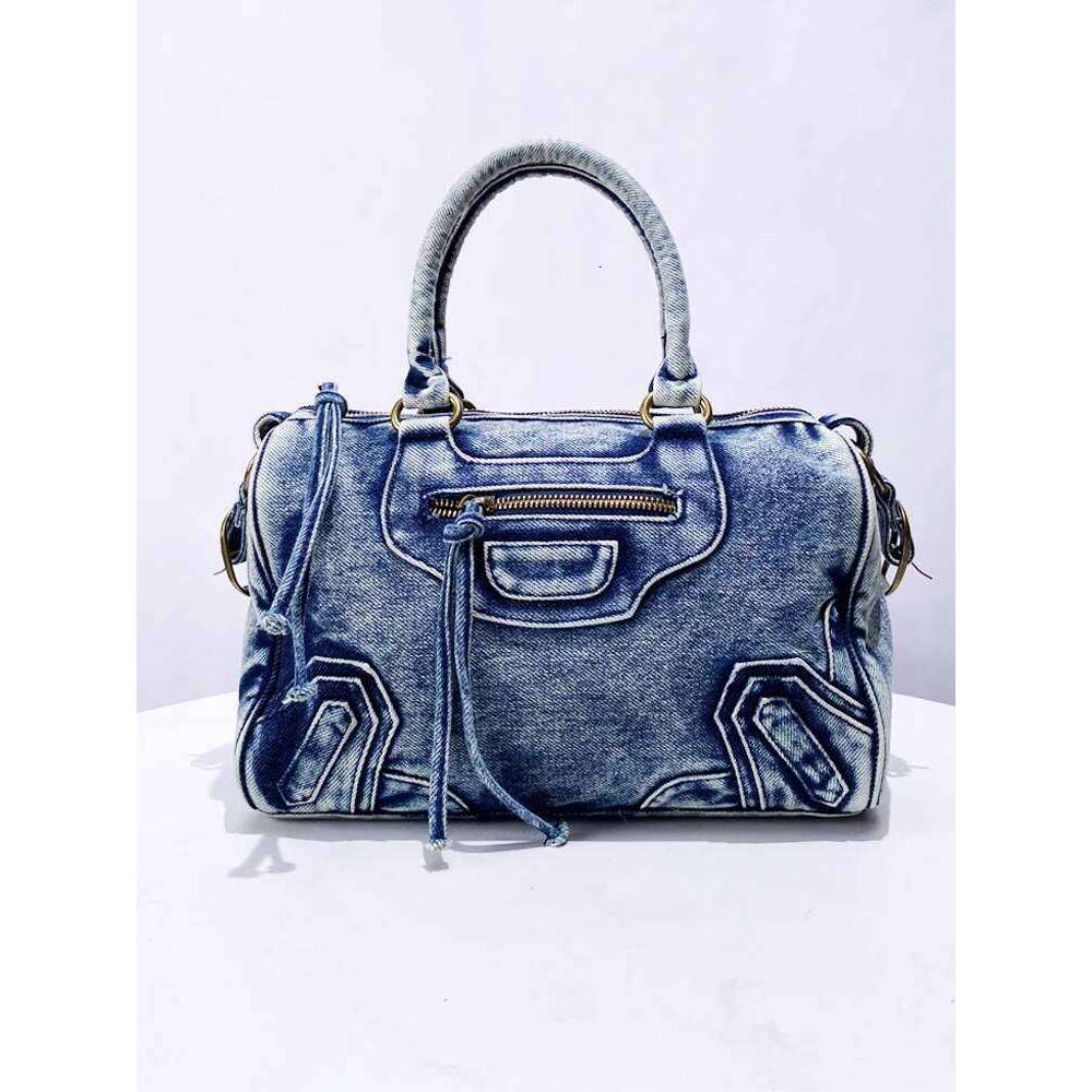 Washed Denim Motorcycle Tote New Rivet Decor Niche Handbag Shoulder Crossbody Bag