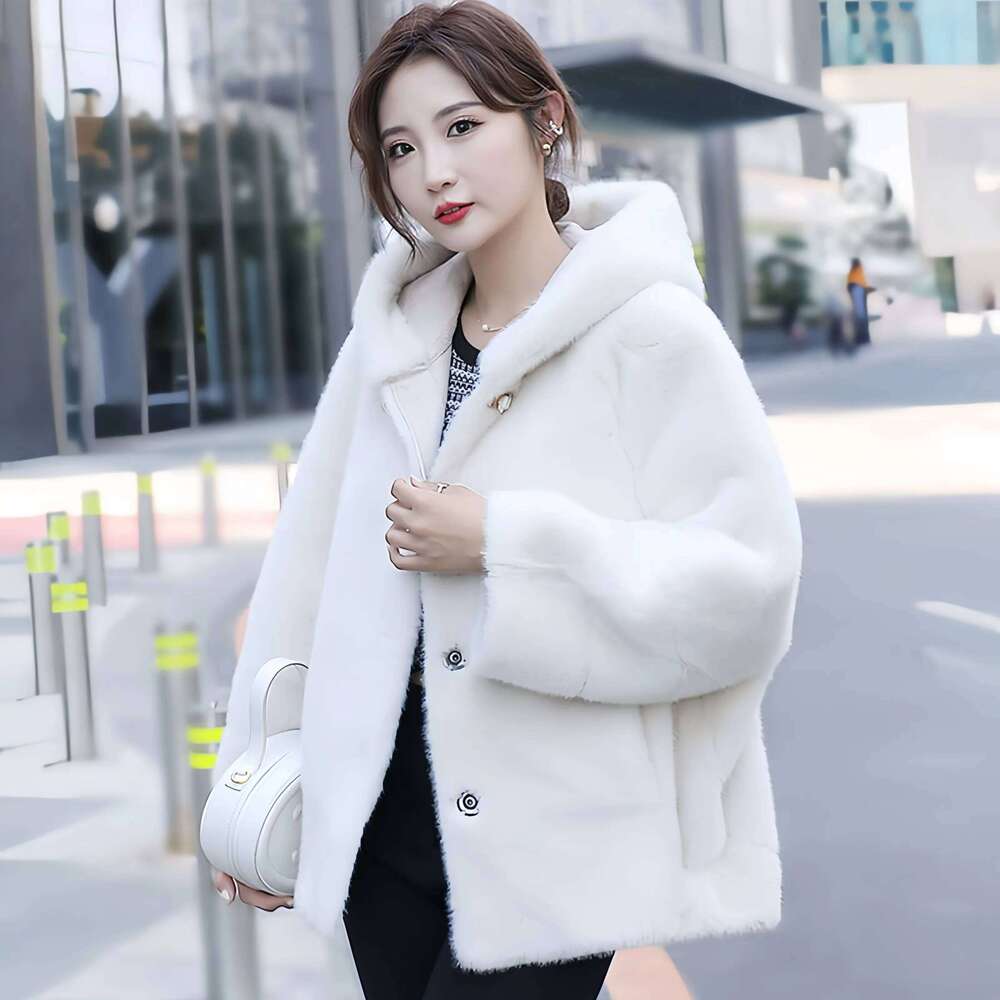 New Faux Mink Fur Coat for Women, Single Breasted Jacket,Korean Outwear,Hooded, Quilted, Thick , Autumn and Winter