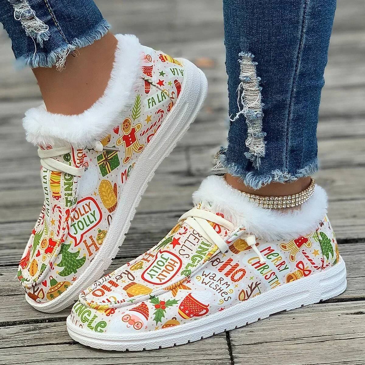 Ddmyoutdoor Ladies Flat Casual Women New Winter Ankle Snow Boots Woman Christmas Print Cotton Shoes Short Plush Booties Warm Gift Outdoor Shoes