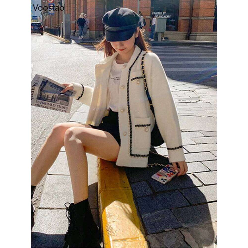 White Mink Cashmere Sweater Coat Women Autumn Winter Lazy Style Korean Retro Black Loose O-Neck Knitted Cardigan Fashion Outwear