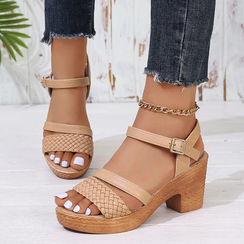 Braided Chunky Heeled Sandals for Women 2024 Summer Ankle Strap Platform Sandles Woman Casual Weaving Gladiator Sandalias Mujer 250605