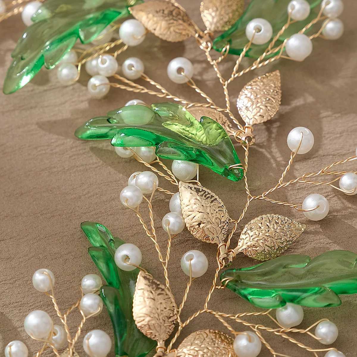 Wedding Headbands Green Leaves Hairband for Bride Hair Accessories Artificial Pearl Headdress for Women Girls Party Hair Jewelry Z250605
