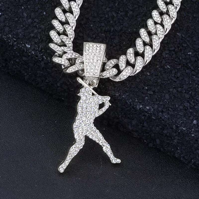 Custom Mens Baseball Star Pendant Street Hip Hop Full Diamond Cuban Chain Necklace