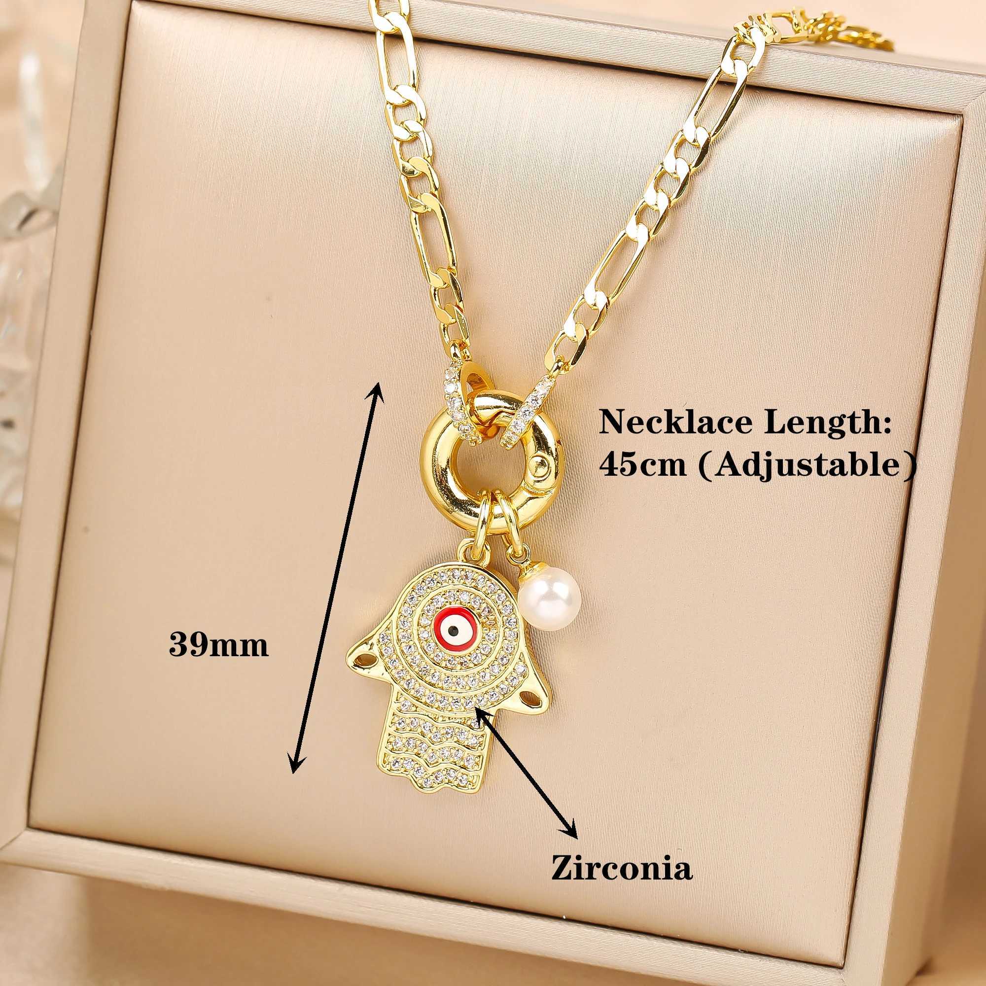 Punk Style Full Zirconia Evil Eye Palm Pearl Pendant Necklace Luxury For Men Women Daily Wear Clavicle Chain Jewelry Party Gift Y250605
